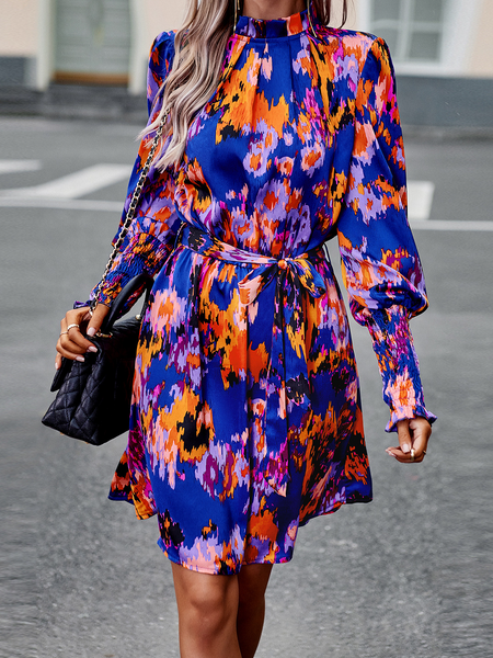 High neck print dress with waist slimming tie