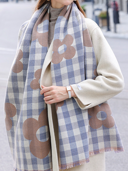 Floral and Check Print Scarf Shawl