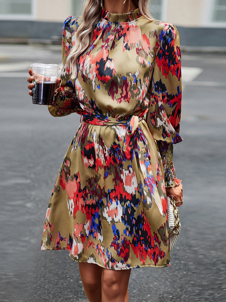 High neck print dress with waist slimming tie